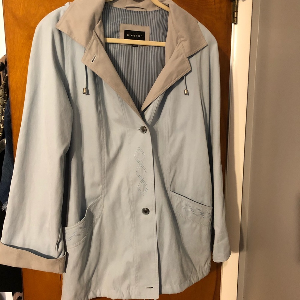 Baby blue w/ tan light jacket w/ removable hood